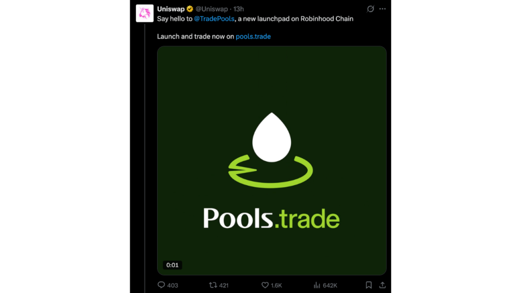 Uniswap Launches Pools on Robinhood Chain