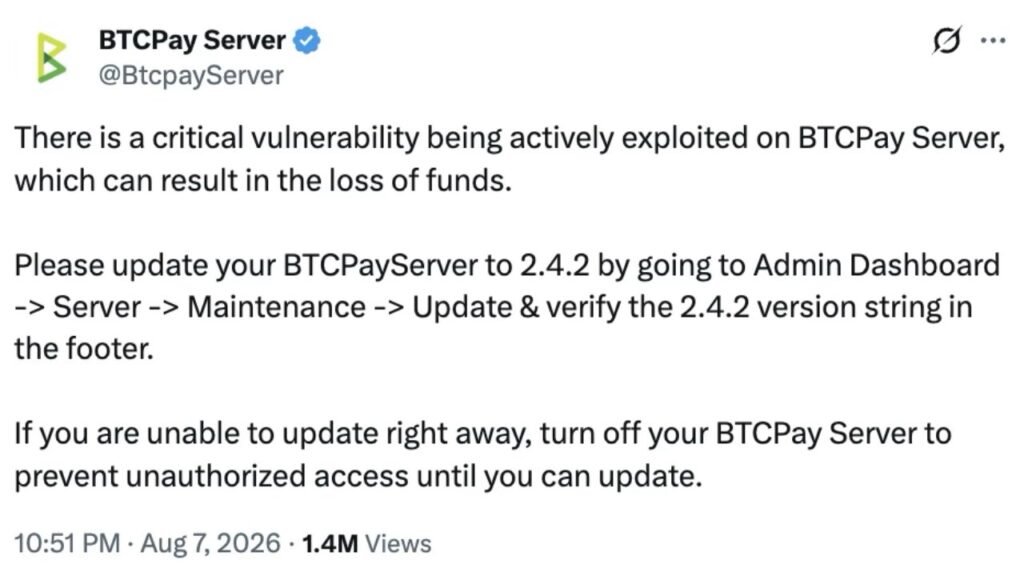 BTCPay Server vulnerability exploited (Source: X)