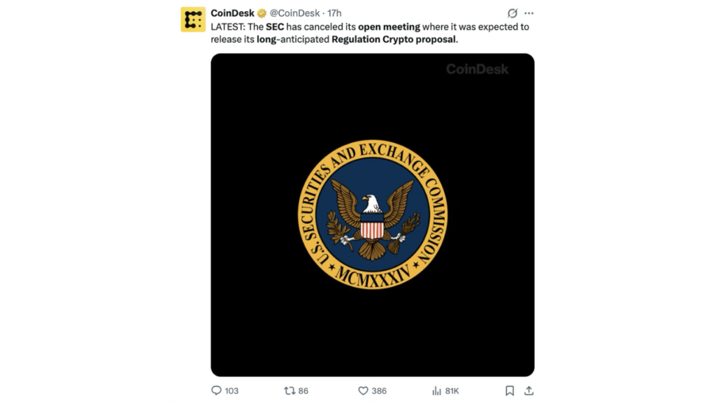 SEC Cancels Open Meeting, Delaying Long-Awaited Regulation Crypto Proposal