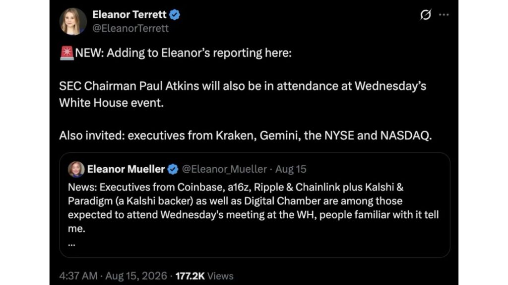 Eleanor Terrett dispatch adds the New York Stock Exchange and Nasdaq to the invite list alongside Kraken. (Source: X)