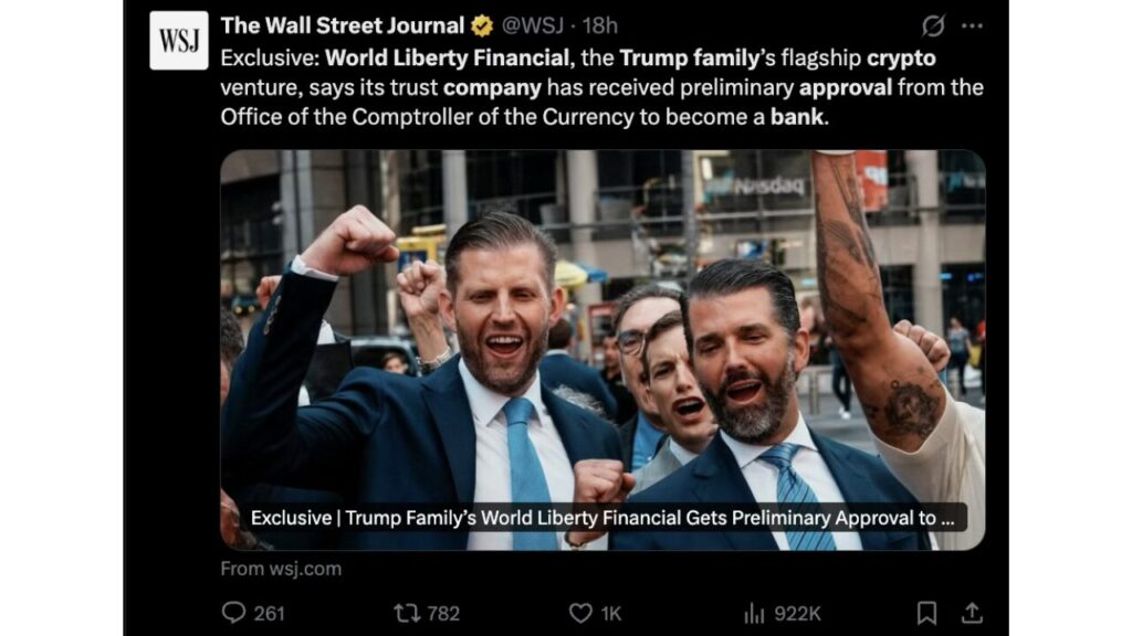 Trump family crypto company World Liberty Financial receives approval to become a federally chartered bank