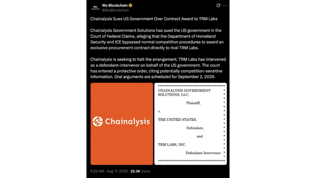 Chainalysis Sues U.S. Government Over $94.7M Contract Award to TRM Labs
