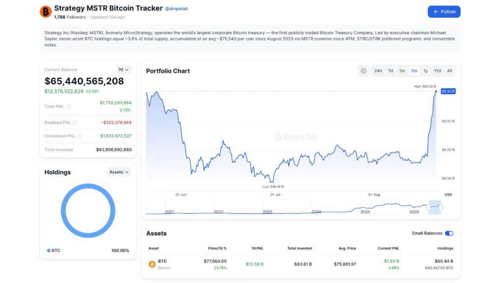 Strategy MSTR Bitcoin Portfolio (Source: DropsTab)