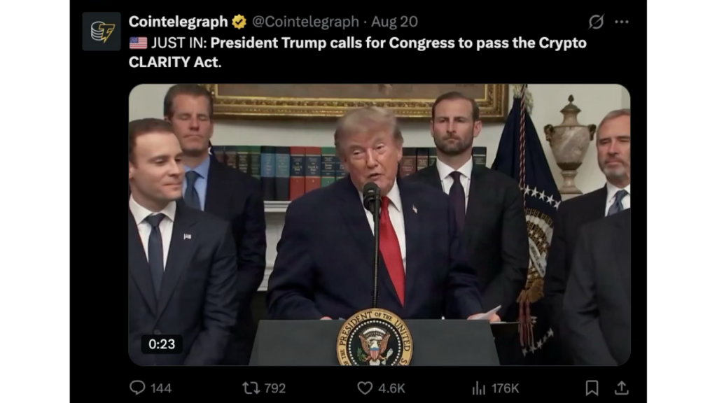 President Trump calls for Congress to pass the Crypto CLARITY Act.