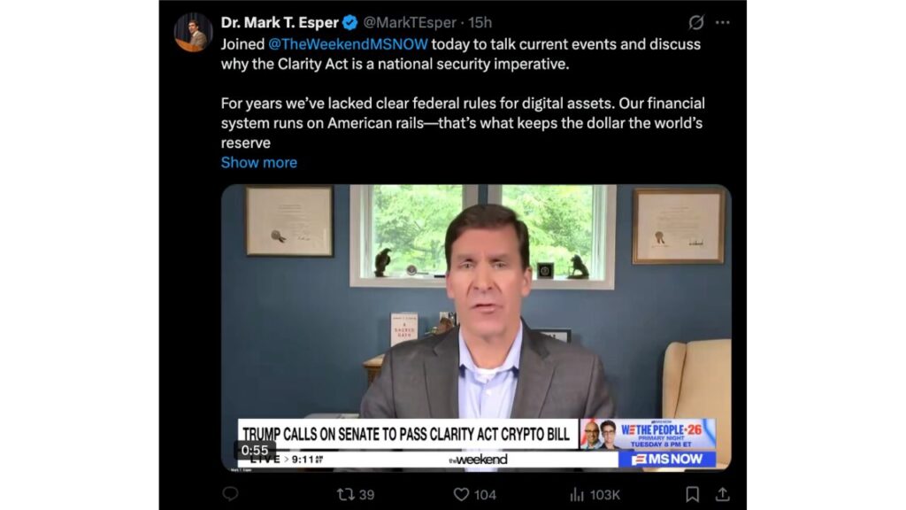Mark Esper’s Status on X (Source: X)