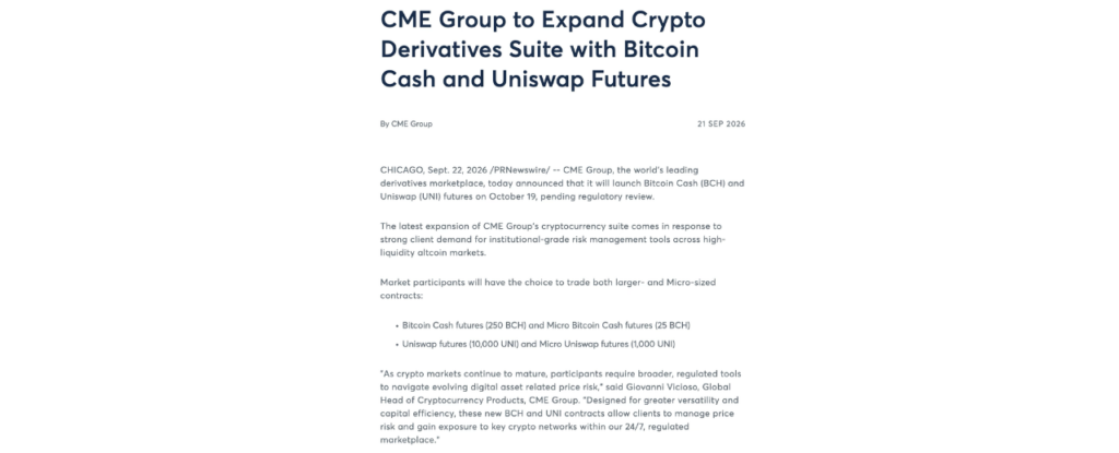 CME Group to Expand Crypto Derivatives Suite with Bitcoin Cash and Uniswap Futures
