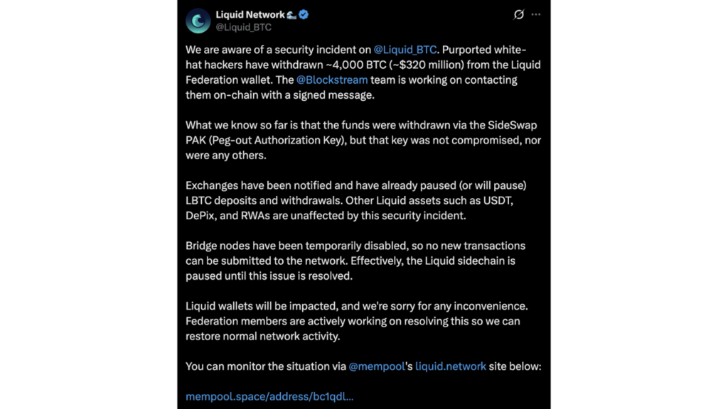 Liquid Network’s Statement on X (Source: X)