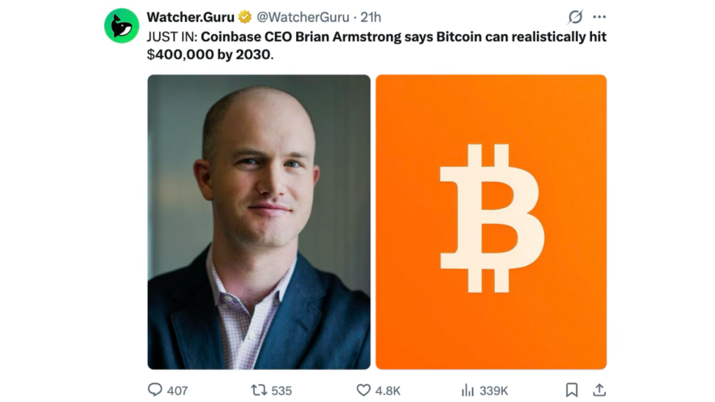 Coinbase CEO Brian Armstrong Says Bitcoin Can Realistically Hit $400,000 by 2030