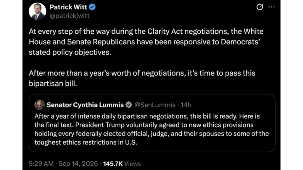 Patrick Witt - Executive director of the White House Council of Advisors for Digital Assets’S Status (Source: X)