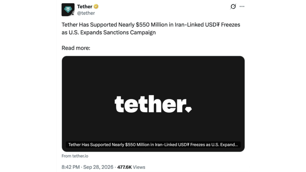 Tether Freezes $550 Million in Iran-Linked USDT as U.S. Lawmakers Seek Investigation